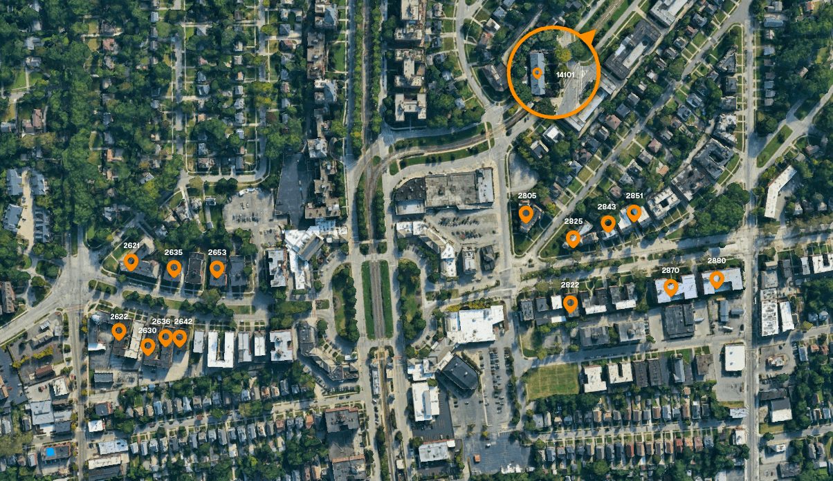 Aerial map of the fourteen Shaker Square portfolio properties, clustered within two blocks of Shaker Square