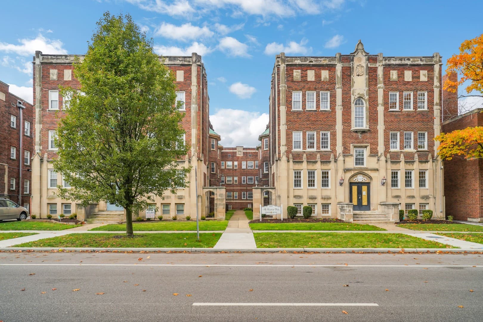Historic 1928 brick apartment buildings in the Shaker Square neighborhood of Cleveland